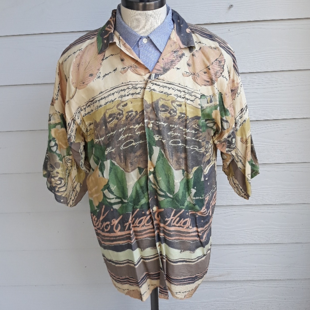 VICTOR‎ HUGO Poems Rayon Green Beige USA Sz XL Button Down Shirt VTG RARE